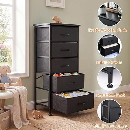 Fixwal Black Tall Skinny Dresser for Bedroom, Narrow Storage Dresser Organizer with 5 Fabric Drawers, Nightstand Furniture in Closet, Entryway, Hallway