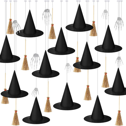 Wavwavw 32 Pcs Halloween Hanging Decorations Set, Floating Witch Brooms Witch Hat Skeleton Hands Wizard Straw Broom Accessories for Party Favors Birthday DIY Crafts
