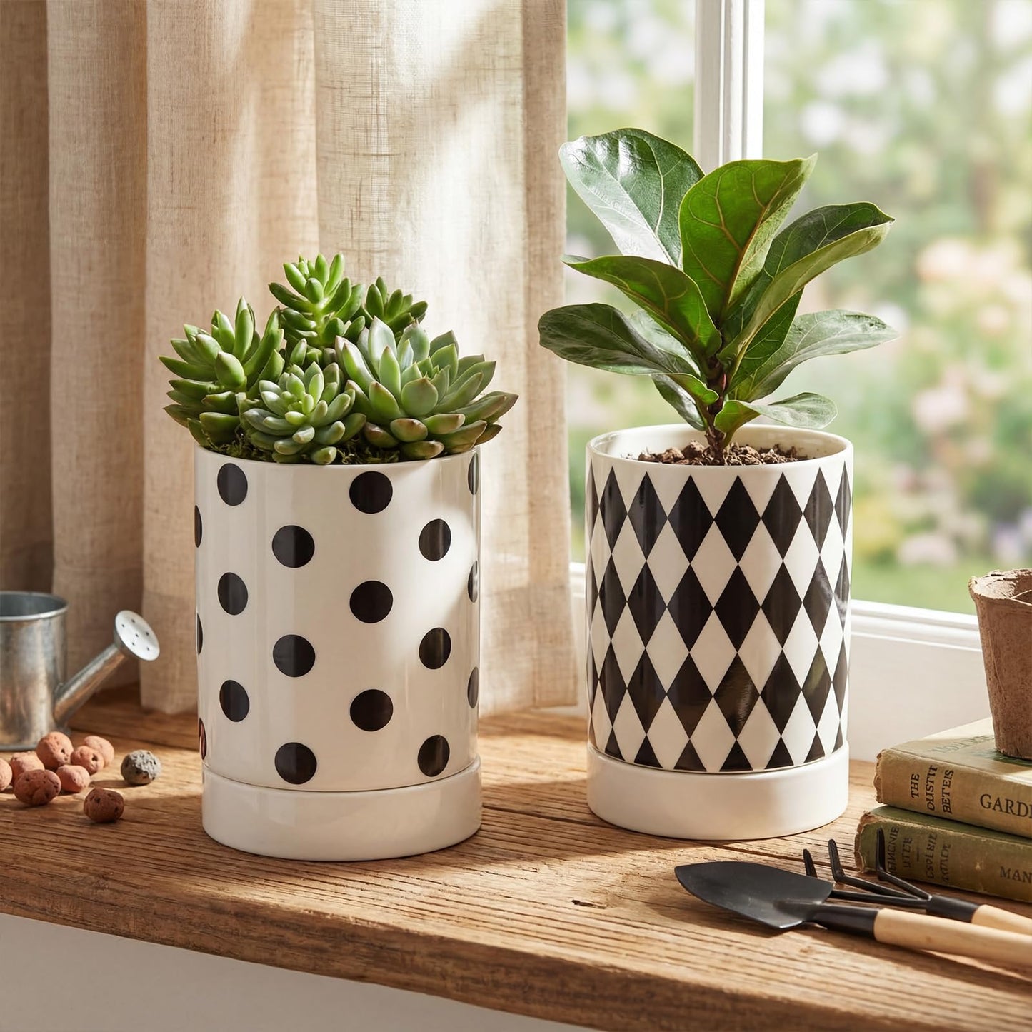 Ferrochef Ceramic Plant Pots Set of 2, 6 Inch Flower Pots with Drainage Hole Modern Polka Dot Diamond Planter for Indoor Outdoor, Black and White
