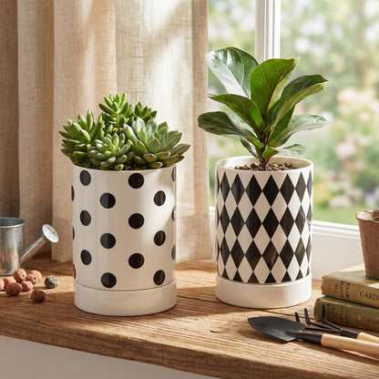 Ferrochef Ceramic Plant Pots Set of 2, 6 Inch Flower Pots with Drainage Hole Modern Polka Dot Diamond Planter for Indoor Outdoor, Black and White