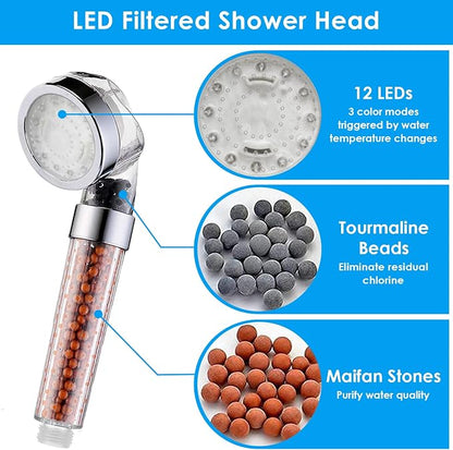 Vacto Temperature Controlled 3-color Changing Shower Head Kit, Water Saving Showerheads with Filtration Beads, LED High Pressure Handheld Shower Head Set (No Hose and Bracket)