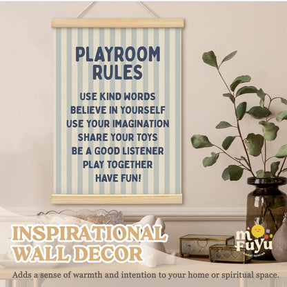 MOFUYU Playroom Wall Decor,Play Room Essentials,Nursery Playroom Rules Wall Art with Wooden Frames,Blue Poster Hanger Frame for Playroom Nursery Bedroom 12x16 Inch