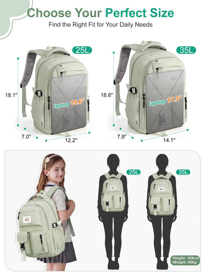 FIORETTO School Backpack for Teen Girls & Women with Compartment, Lightweight School Bag Bookbag with Multiple Pockets, Ideal for Middle High School, College, Travel, Green 25L