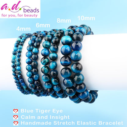 AD Beads 8mm Handmade Blue Tiger Eye Elastic Bracelet – Natural Gemstone for Calm and insight – Meditation, Yoga, Healing and Energy Gift for Men Women