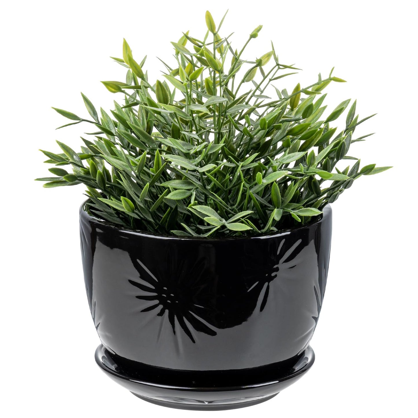 MyGift 7 Inch Glossy Black Ceramic Plant Pot with Drainage Hole and Attached Saucer, Modern Decorative Embossed Sunburst Planter Container for Indoor Home Garden