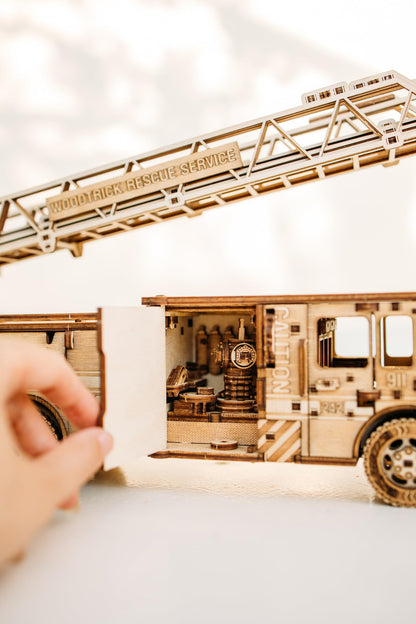 Wood Trick Rescue Firetruck Movable - Rotating Extendable Ladder - 3D Wooden Puzzles for Adults to Build - Rides up to 20 ft - Wooden Models Engineering DIY Project Mechanical Model Kit