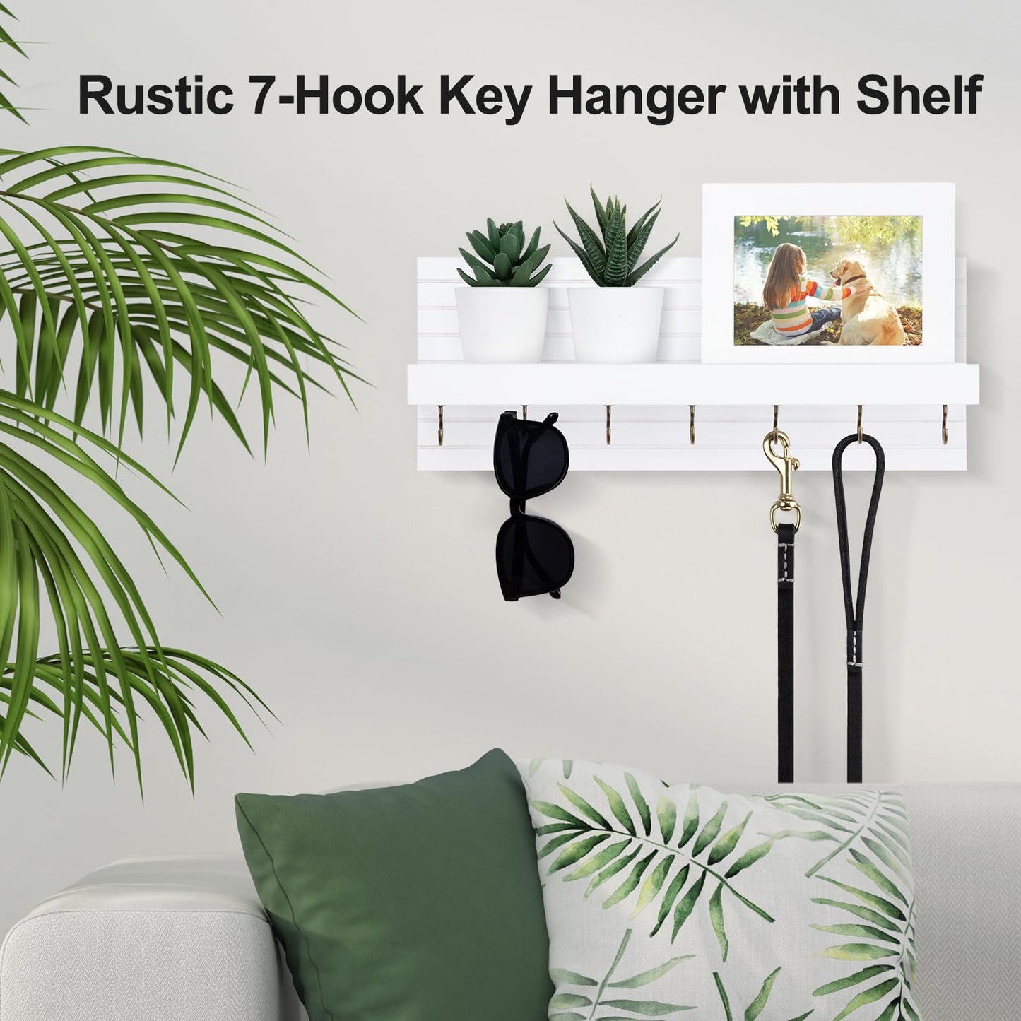Lwenki Decorative Key Holder for Wall with Shelf, Entryway Shelf with Hooks Holds Leashes, Jackets and Glasses – Sturdy Wood Keyholder Entrance Hanger with Mounting Hardware (White, Large)