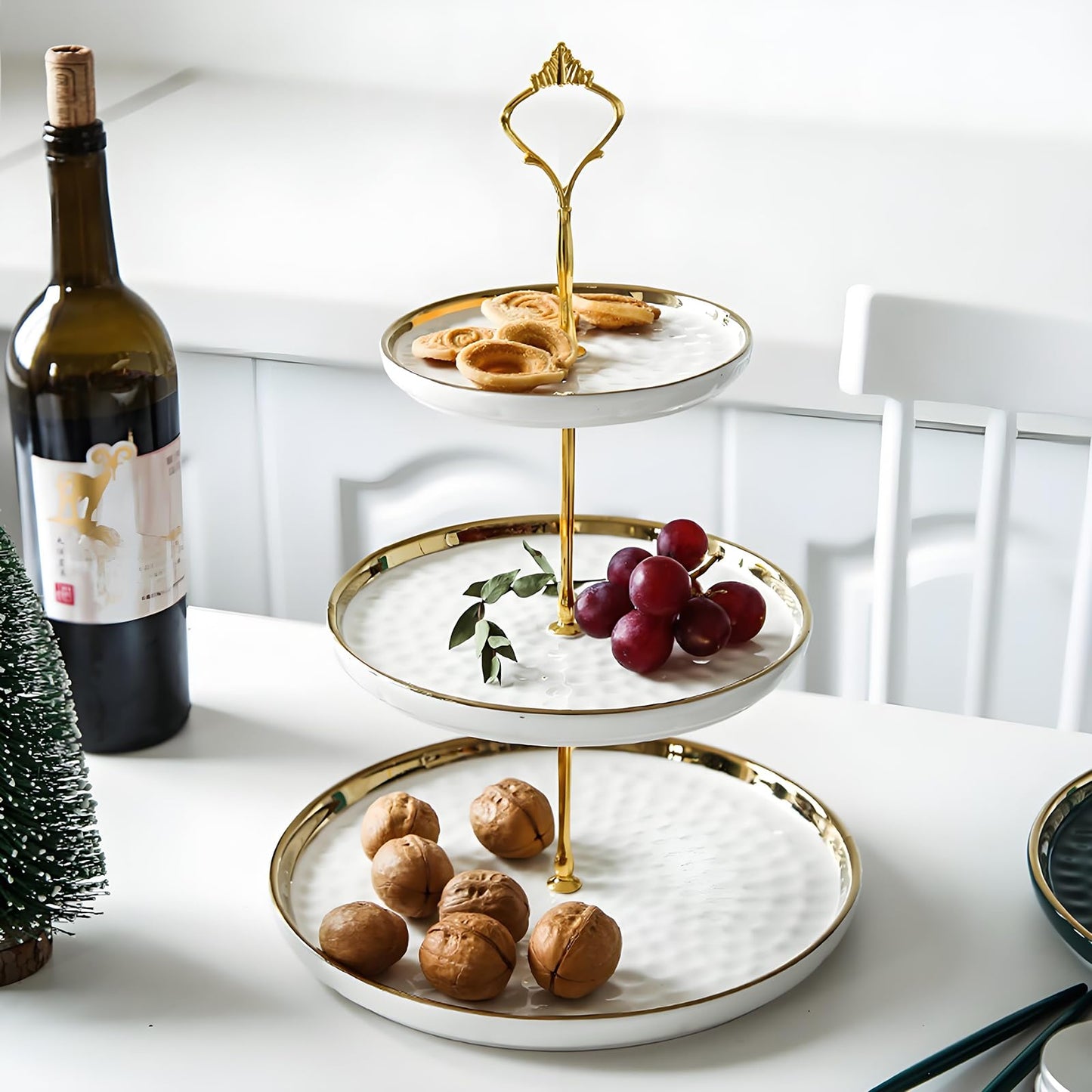 Tosnail Set of 2 Porcelain Cupcake Stand Ceramic Dessert Stand Tiered Serving Trays with Gold Rod, 3 Tiers and 2 Tiers Cake Stand Party Serving Trays Fruit Pastry Holders for Wedding and Party