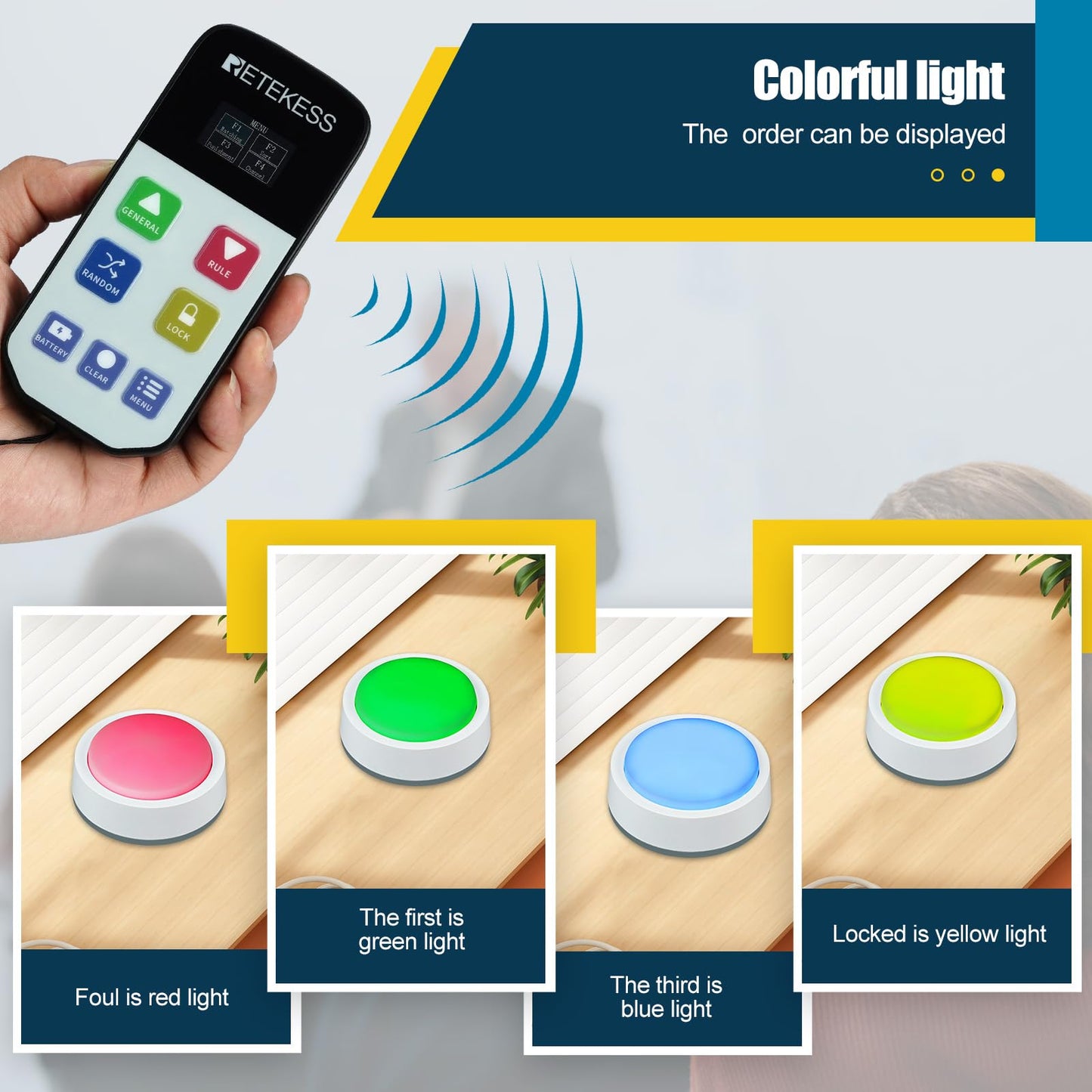 Retekess TM102 Trivia Buzzers,Jeopardy Buzzers,3 Working Modes,66ft,Physical Switches,Family Feud Game for Adults with 4 Rechargeable Buzzers
