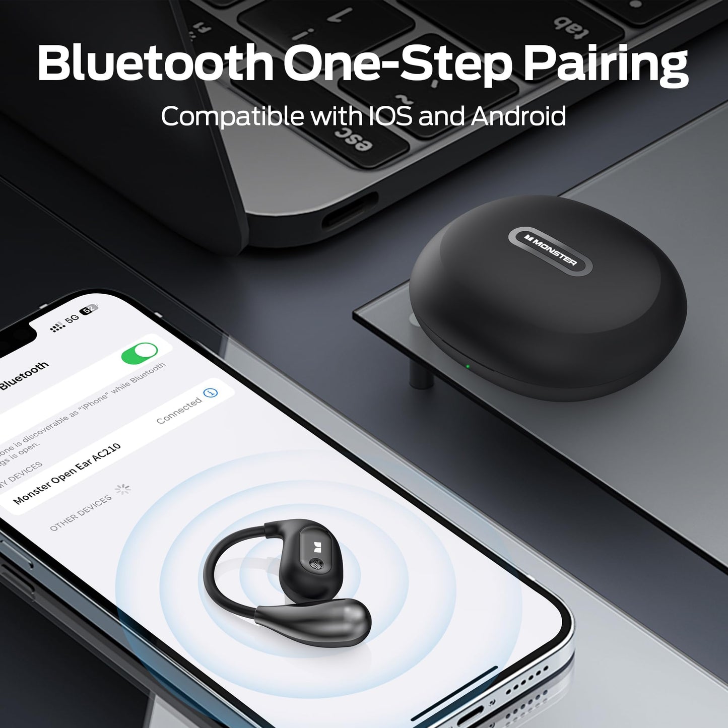 Monster Open Ear AC210 Headphones, Bluetooth 5.4 Earphones Stereo Sound, Wireless Headphones 30 Hours Playback, Type-C Charging, IPX5 Waterproof Open Ear Earbuds,Black