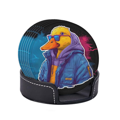 BOXIMIAO Drink Coasters with Holder Stand Set of 6, Cute Cyberpunk Duck Pu Leather Absorbent Coasters with Cork Base Table Coaster Round Coasters for Housewarming Apartment Kitchen Bar Decor