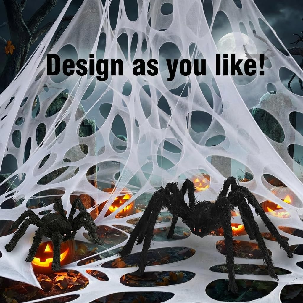 1000 Sqft（After Streched with Holes）Uncut Giant DIY Spider Web Halloween Decorations Outdoor with 10 Ground Nails Stretchy Beef Cloth Netting Cut-Your-Own Flexible Elastic for Yard Party Decor
