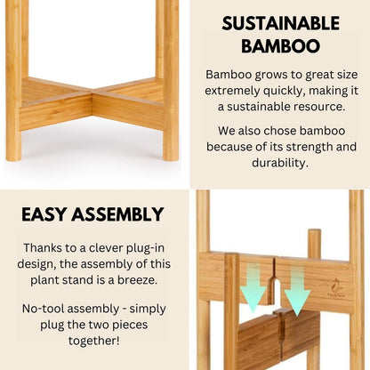 Fox & Fern Bamboo Plant Stand — 14.9 Inch Fixed Size Wooden Mid Century Planter Stand for Indoor Plants (Not Included) - Extra Large Flower Pot Holder for Indoor Big Pots - Plug In Design - Bamboo