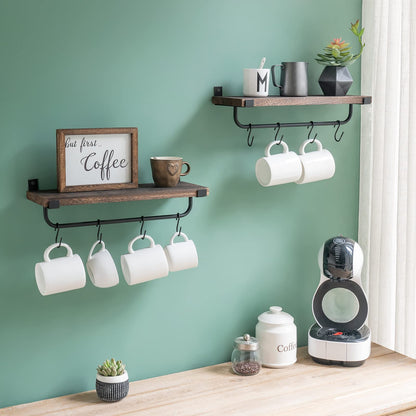 Mkono Mug Holder Wall Mounted Coffee Mug Rack Set of 2 Rustic Floating Shelf for Coffee Bar Accessories Wood Tea Cup Hooks Hanger for Organizing Cooking Utensils, Home Kitchen Decor, Brown