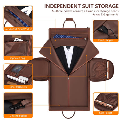 Leather Garment Bags for Travel, Convertible Carry on Garment Duffel Bag for Men, 2 in 1 Waterproof Foldable Travel Suit Bag with Shoulder Strap Weekender Bag with Shoe Pouch