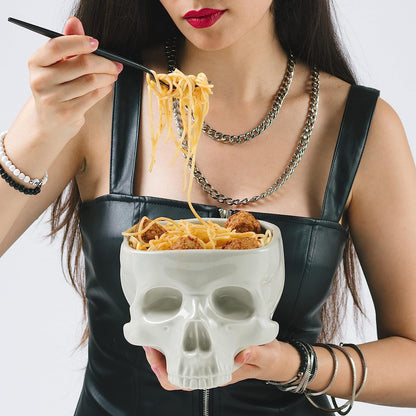 TALLGIRA Food Safe Ceramic Skull Bowl, Halloween Candy Bowl for Cereal Pasta Ice Cream, Microwave Dishwasher Skeleton Head Desk Decor (300, ml/min)