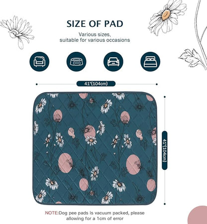 IEUUMLER Washable Pee Pads for Dogs, 2 Pack Non-Slip & Waterproof Pack Whelping Pad, Reusable Washable Puppy Potty Training Pad with Fast Absorbent for Playpen EU007 (Navy Blue Daisy, 41"X41"-2pcs)