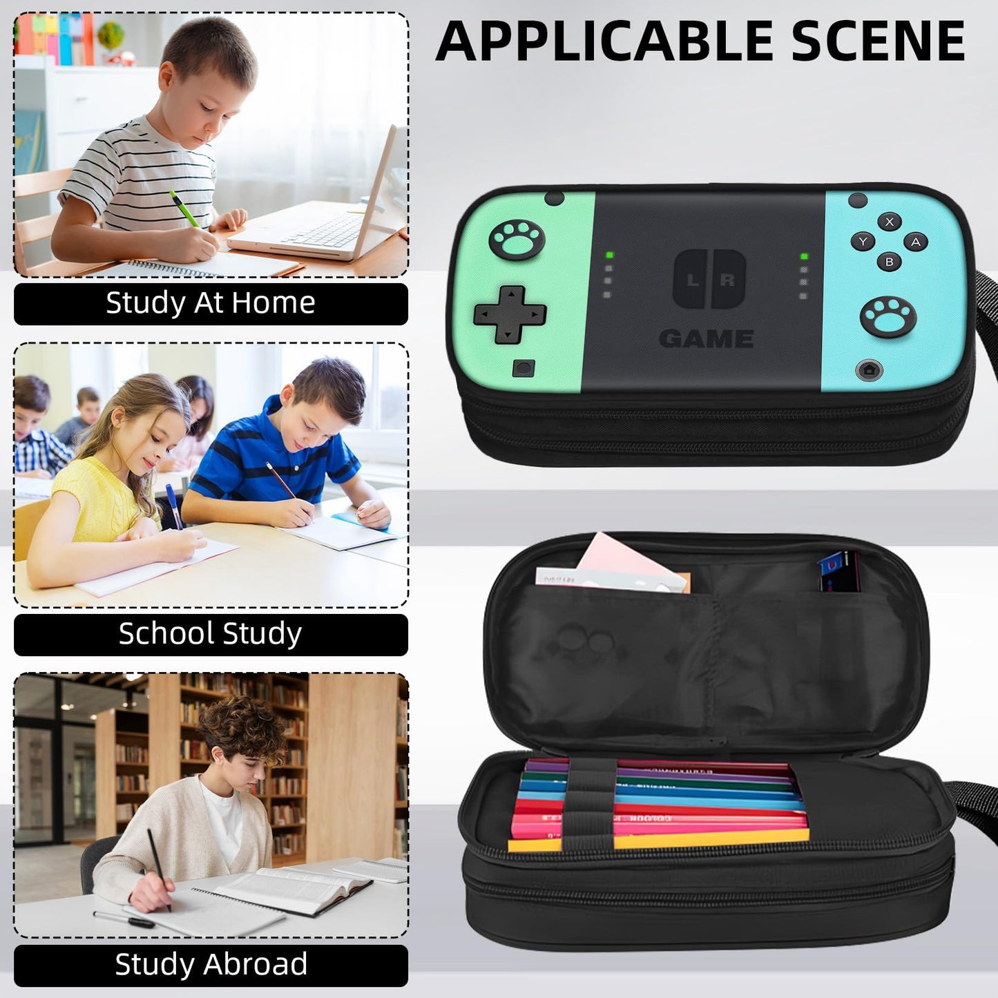 JIRAIKEI Gamer Pencil Case for Boys, Large Boys Pencil Pouch for Kids Teens School, Big Capacity Pen Box Pen Bag Organizer with 2 Compartments & Zipper