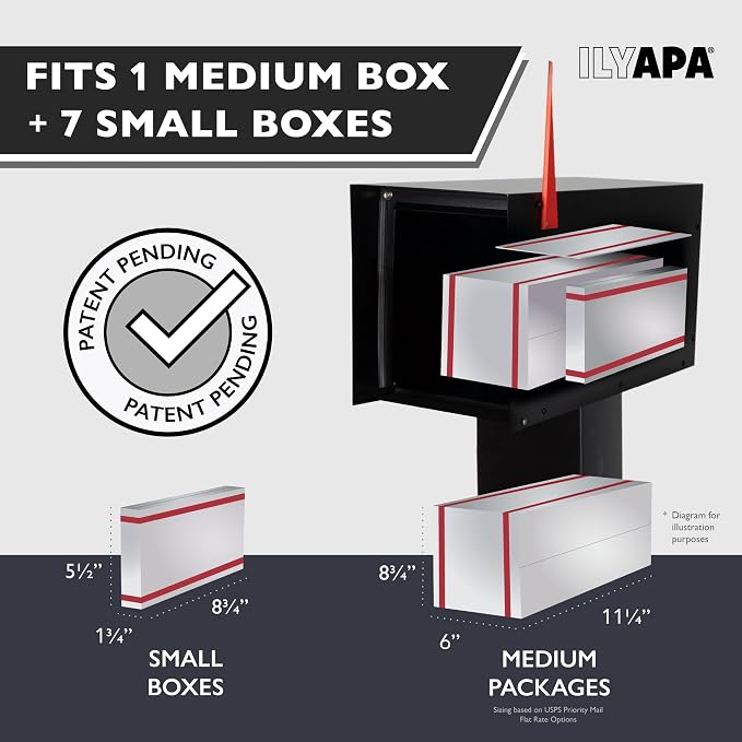 Ilyapa Modern Mailbox for Post Mount - Black with Gray Door Powder Coated Steel, Waterproof Letter Box for Parcels, with Recessed Magnetic Close Door