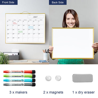 TSJ OFFICE White Board Calendar - 12 X 16 Inches Magnetic Dry Erase Board Monthly Calendar, Double Sided Whiteboard with a Handle, to Do List Notepad for Office, Home, School, Gold Aluminum Frame