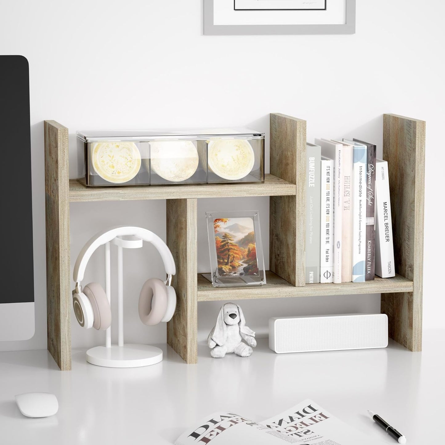Jerry & Maggie Desktop Organizer Office Storage Rack Adjustable Wood Display Shelf Free Style Double H, Multi-Functional Mini Bookshelf for Desk Natural Stand (Gray Oak)