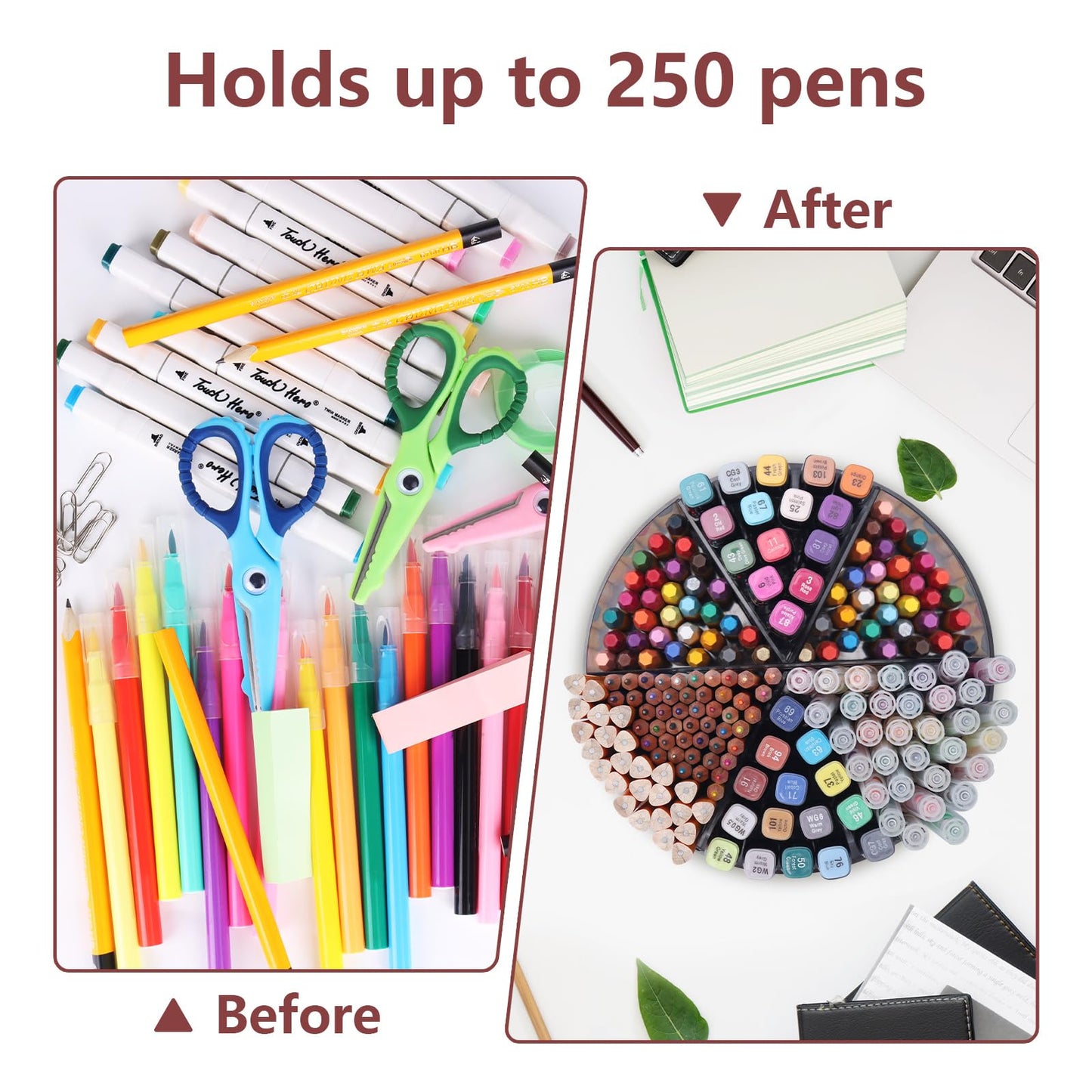 Absonic 250pcs Acrylic Pencil Holder Marker Organizer, 360-Degree Rotating Pen Holder, Crayon Organizers for Kids Pencil Organizer Caddy Art Supply Kids Desk Organizers for Office Home School, Black
