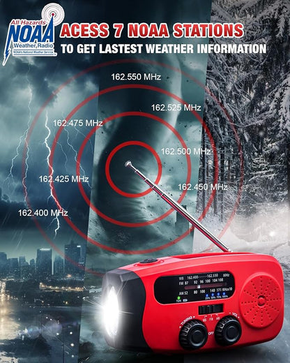 Hand Crank Radio with AM/FM/NOAA Weather Band,for Emergencies, Camping | 3 LED Flashlights,SOS Function,Solar Powered,Hand Cranked, 2000mAh/7400mWh Charger,for Power Outage - Red