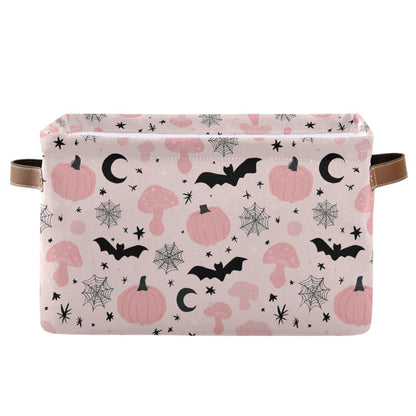 Happy Halloween Pink Storage Basket with Waterproof Liner and PU Handles Pumpkin Bat Moon Mushroom Storage Bins Boxes 14.2" Collapsible Decorative Organizer Baskets for Bedroom Closet Office 1 Pack