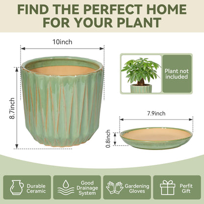TOSELBAI 10 Inch Ceramic Planter Pot with Saucer Drainage Leak-Proof Mesh,Flower Pots for Indoor Plants with Gardening Gloves,Ceramic Planter(Light Green)