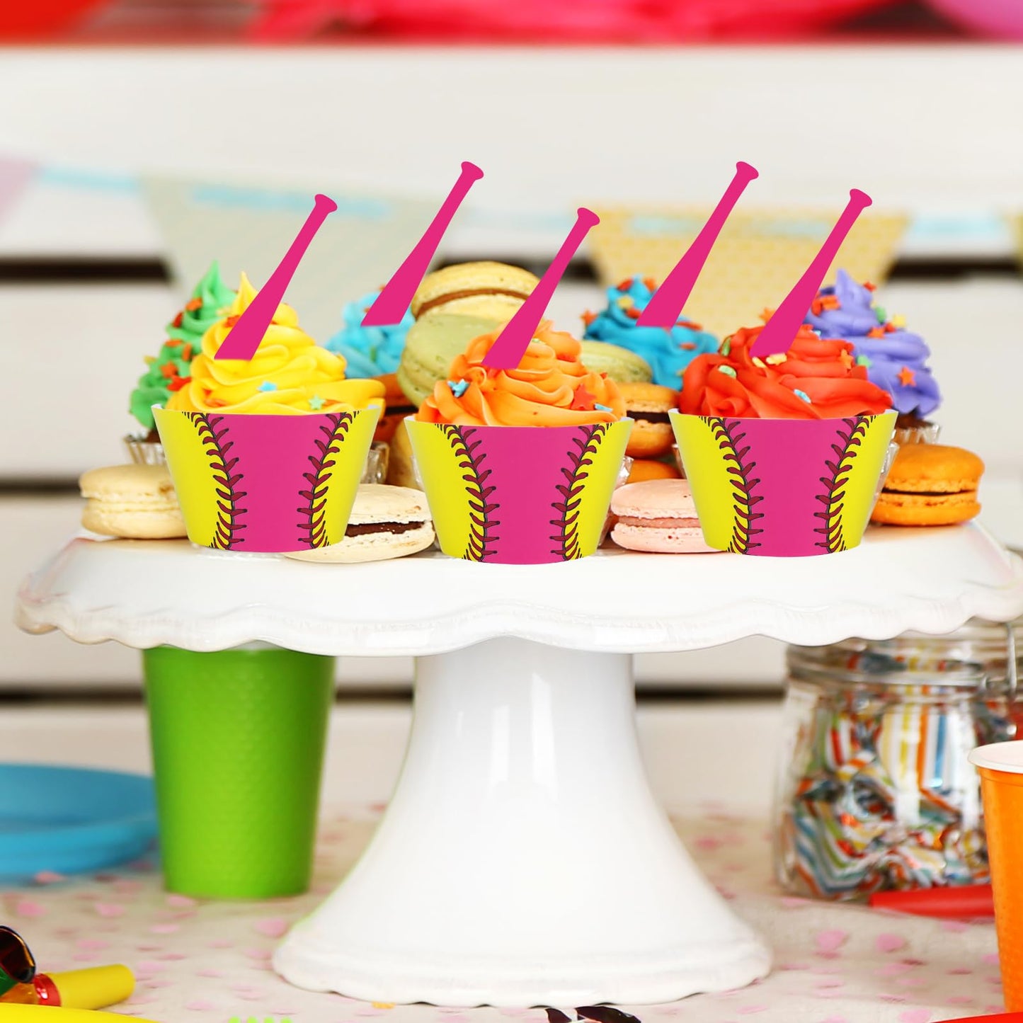 Whaline 36 Pcs Softball Cupcake Wrappers and Toppers Pink Bat Cupcake Liners Decorative Dessert Holders for Sweet Sport Party Cake Decoration