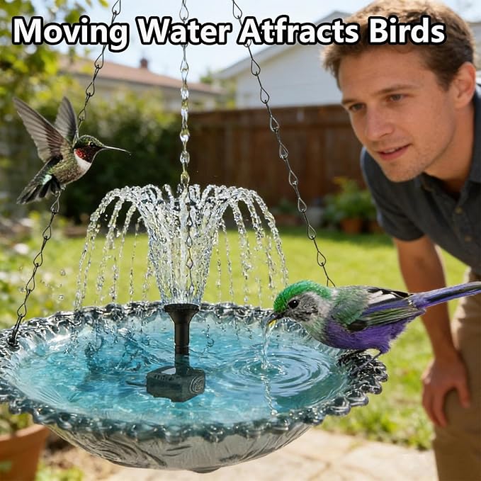Hanging Solar Bird Bath Fountain with Solars Pump & Bowl & Chains Large Humming Solar Water Fountains with Flowing Water for Outdoor Garden Backyard Patio Lawn(Blue)