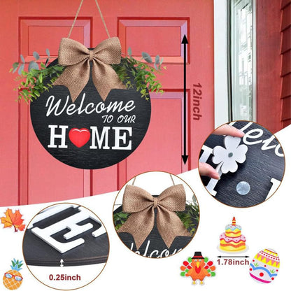 Welcome Wreaths Sign Wreaths Interchangeable Wooden Seasonal Welcome Sign Welcome to Our Home Wreath with Burlap Bow, Greenery and Seasonal Ornaments 12" Decrations for All Seasons