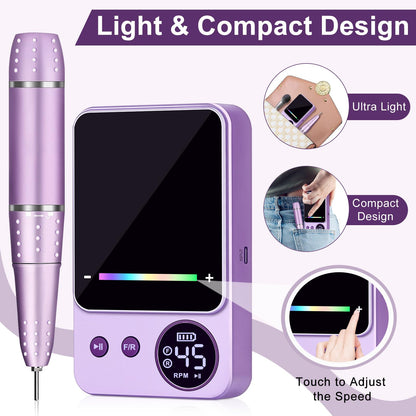 Electric Nail Drill Professional 45000RPM, Portable Smart Touch Display Electric Nail File, 4000mAh Rechargeable Nail Drill Kit for Remover Acrylic & Gel Nails Manicure for Salon Home