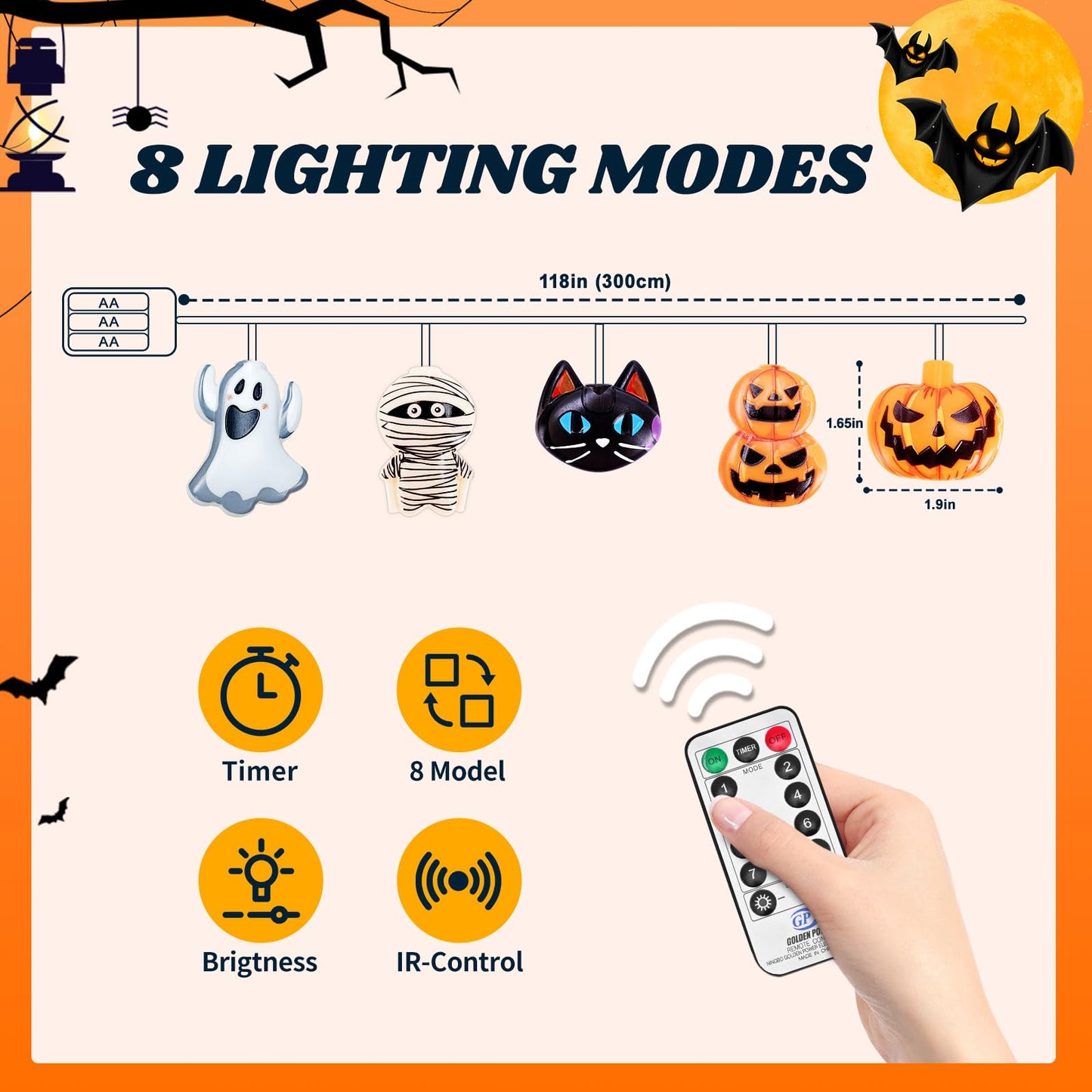 shuangjishan Halloween String Lights Indoor: 9.84 FT 20 LED Battery Operated Pumpkin Ghost Cat Lighted Decorations – 8 Modes Waterproof Timer for Window Porch House Room Bedroom Party Decor