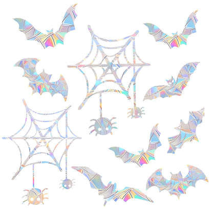 36PCS Halloween Bats Decoration Spider Web Spider Window Clings Anti-Collision Decals to Save Birds, Non-Adhesive Prismatic Window Clings Rainbow Stickers