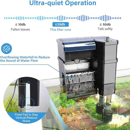 hygger Aquarium Filter, Ultra Quiet Aquarium Hang on Filter, Multi-Stage Filtration Activated Carbon Biochemical Fish Tank Filter for up to 50 Gallon Aquariums, Adjustable Flow, 153 GPH, 7W, Black