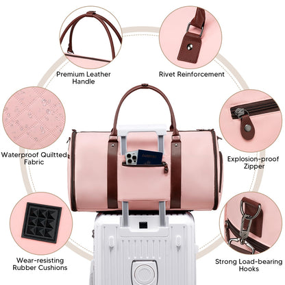 Vessgra Garment Bag for Airplane Travel,Weekender Travel Bag for Women, 2 in 1 Convertable Garment Duffle Bag with Shoes Compartment Carry on Bag Hanging Garment Bag Travel with Shoulder Strap,Pink