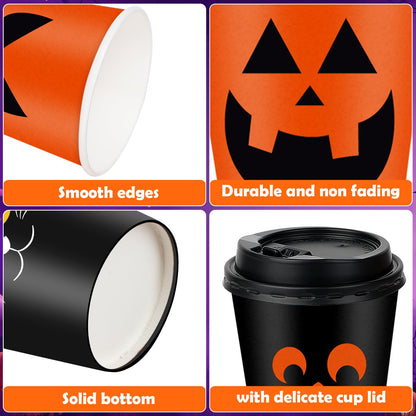 Hauwellter 100 Set Halloween Disposable Coffee Cups with Lids 12oz, Bulk Black Orange Pumpkin Disposable Party Paper Cups for Hot Chocolate Cold Drinks Halloween Birthday Party Supplies Decorations