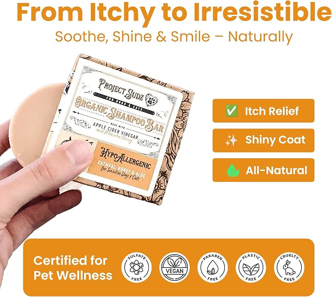 Project Sudz Oatmeal and Honey Dog Shampoo Bar | Hypoallergenic | Sensitive Coat | Made with Apple Cider Vineger | for Dogs and Cats