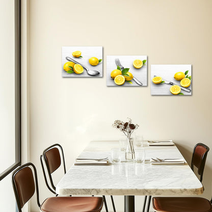 Biuteawal Grey and Yellow Kitchen Wall Art Fruit Lemon Painting with Fork Knife Spoon Kitchenware Picture Prints Dining Room Restaurant Decoration Framed