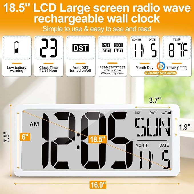 18.5" Extra Large Atomic Clock with Backlight Digital Wall Clock Battery Operated with Charging Function Jumbo LCD Display Clock Time/Calendar/Temperature for Wall Bedroom Classroom