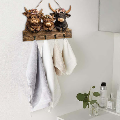 Dexprosy 2D Highland Cow Key Hooks for Wall - Wooden Key Holder and Organizer with Flat Design for Home, Office, or Garage Decor