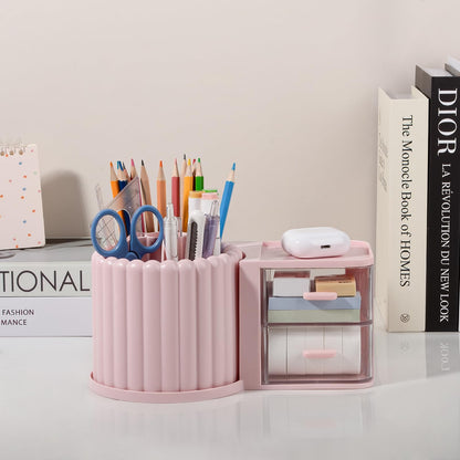 Anyoifax 360° Rotating Pen Holder 7 Slots Desk Organizer with Drawer Removable Pencil Cup Plastic Art Supplies and Accessories Desktop Storage Box Caddy for Office, School, Home (Pink)