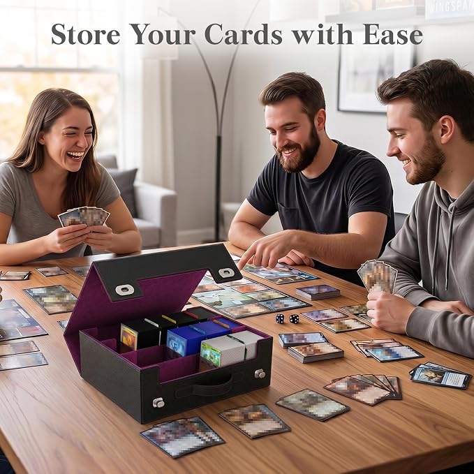 Lifewit Trading Card Storage Box with Handle, Holds Up to 1800 Sleeved Cards with 12 Adujstable Dividers & 4 Stoppers, Aluminum Closure PU Leather Case for MTG, PTCG, YGO, Sports Cards, Black& Purple