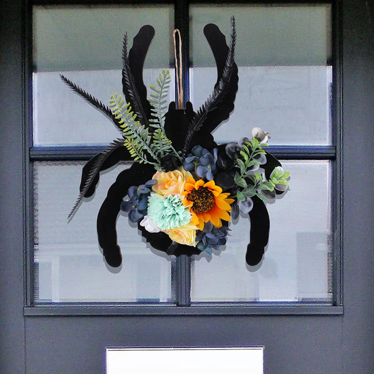 Halloween Spider Wreath with Sunflowers and Black Feathers, Wooden Pendant for Front Door Decoration Fall Halloween Party Decor Supply