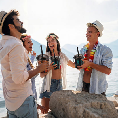 Purpeak 30 Set 24 oz Drink Buckets with Lids and Straws Disposable Clear Rum Plastic Drinking Cocktail Bucket with Handles for Beverage Coffee Lemonade Pool Picnic Party Supplies (Black)