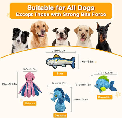 10.24" Recycled Canvas Octopus Squeaky Dog Toy, Durable Stuffed Chew Toy for Puppy Teething, Interactive Play for Small Medium Large Dogs, Pink Blue