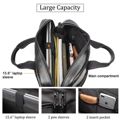 Augus Genuine Full Grain Leather Laptop Briefcase for Men 15.6 Inch Laptop Bag Messenger Tote Bags With YKK Zipper Black