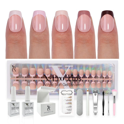 SXC Cosmetics French Tip Press On Nails - Skin Tone Nude and Color Series, Short Coffin X-Pro Tips Starter Kit ST119KIT