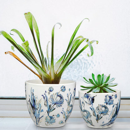 Decorative Flower Pots Blue and White Plant Pot Gold Accent Ceramic Planters for Indoor Plants Pots with Drainage Retro Planter Pot for Succulents Cactus Herb Snake Plants Outdoor Garden, 7.6/5.5 Inch